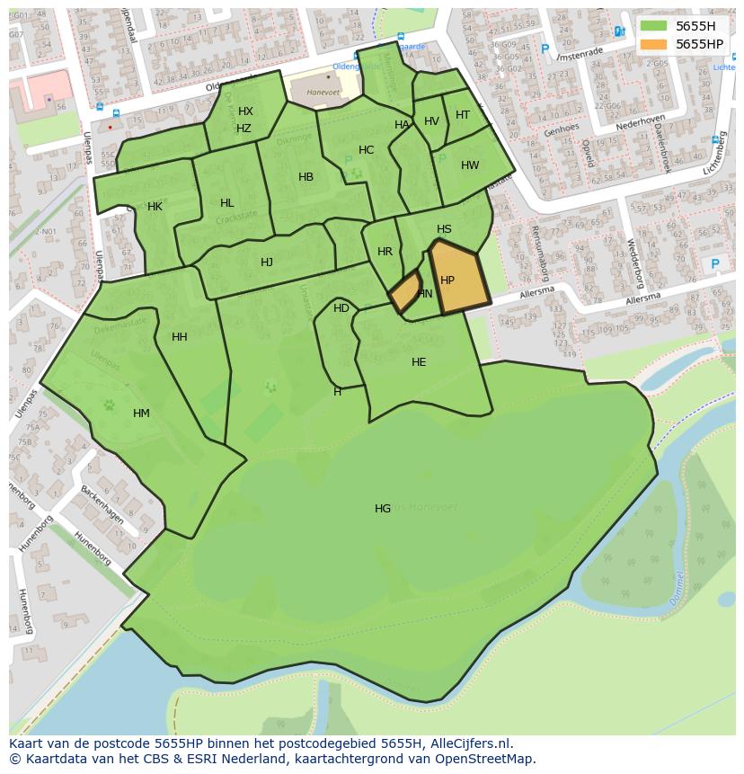 Afbeelding van het postcodegebied 5655 HP op de kaart.