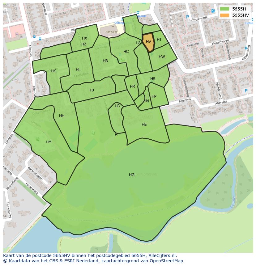 Afbeelding van het postcodegebied 5655 HV op de kaart.