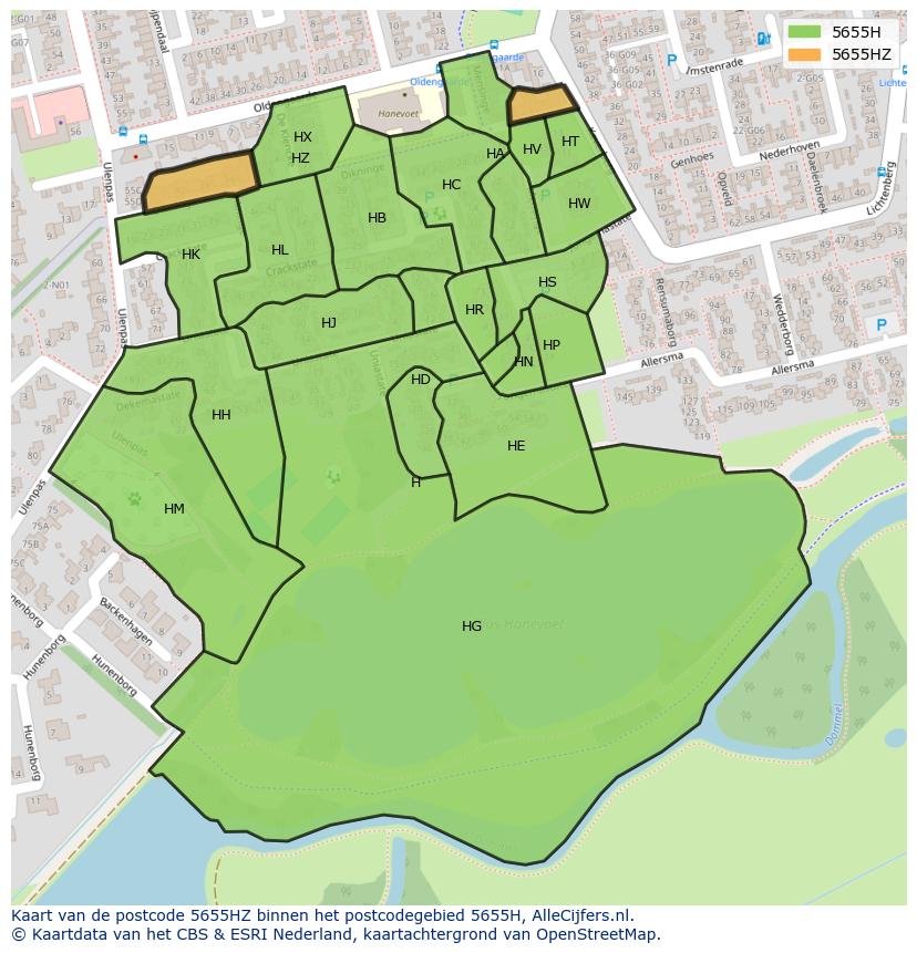 Afbeelding van het postcodegebied 5655 HZ op de kaart.