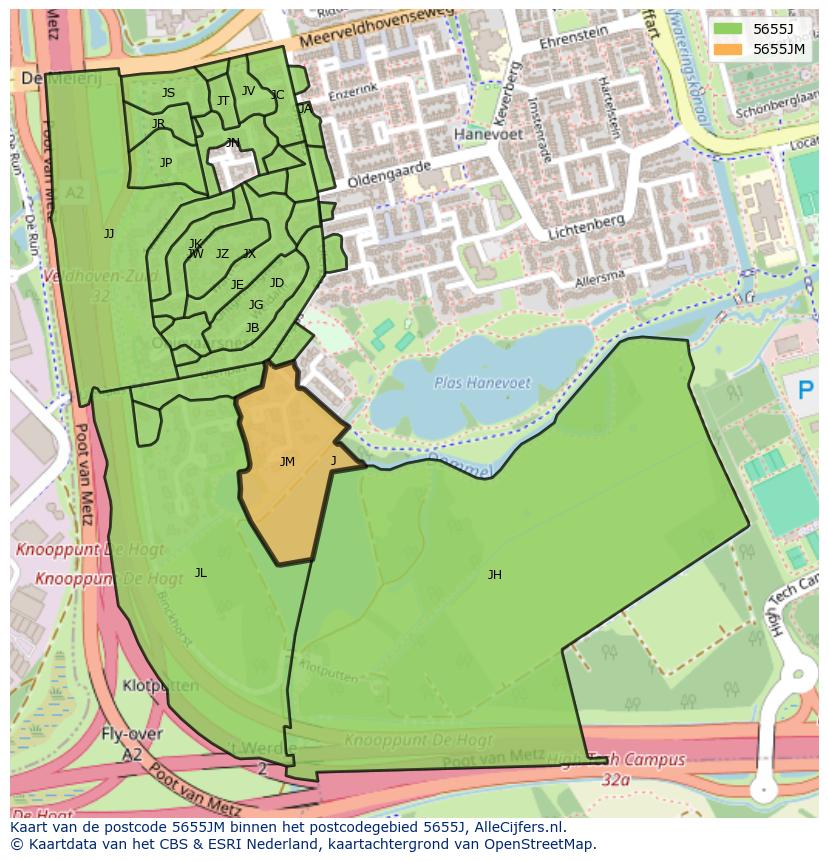 Afbeelding van het postcodegebied 5655 JM op de kaart.
