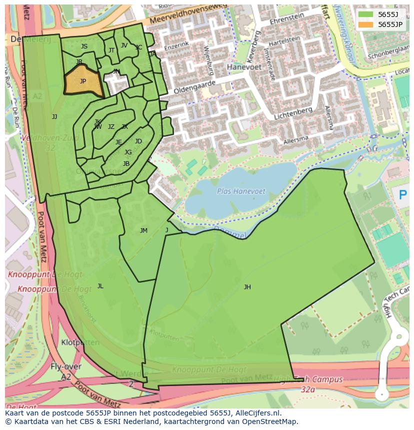 Afbeelding van het postcodegebied 5655 JP op de kaart.
