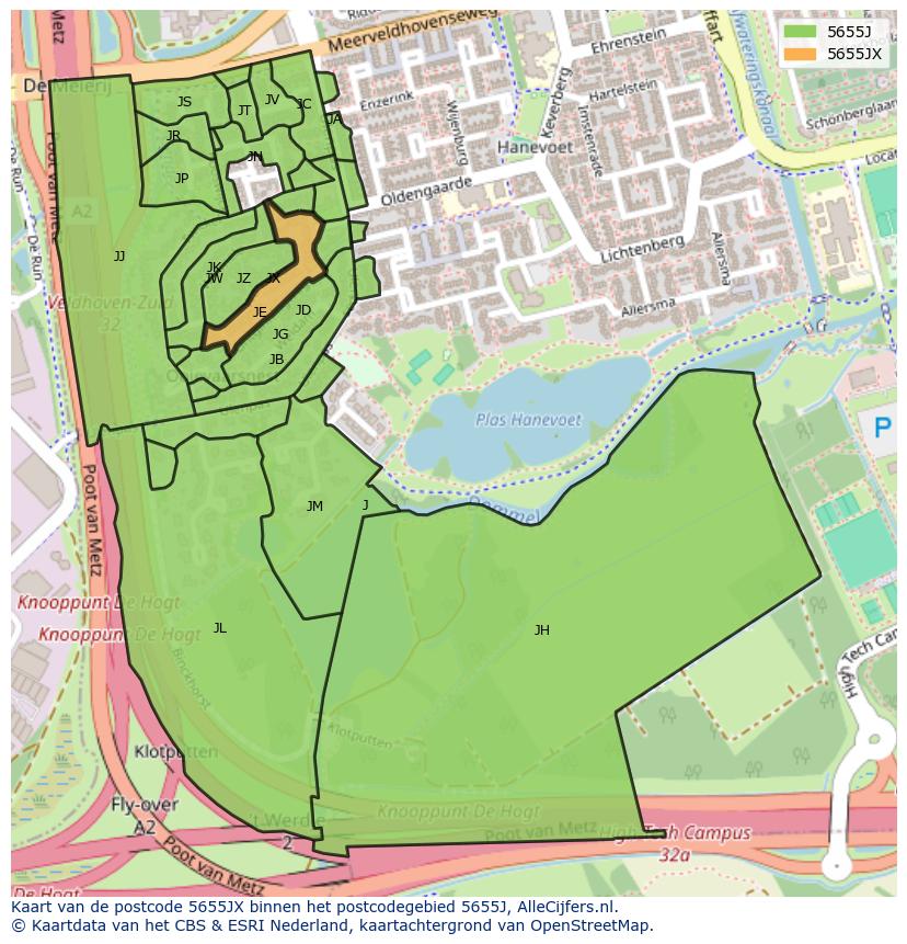 Afbeelding van het postcodegebied 5655 JX op de kaart.