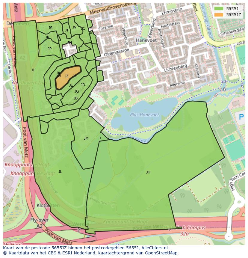 Afbeelding van het postcodegebied 5655 JZ op de kaart.
