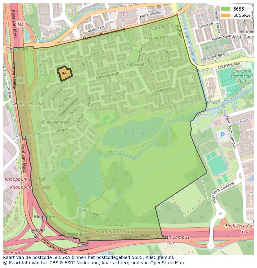 Afbeelding van het postcodegebied 5655 KA op de kaart.