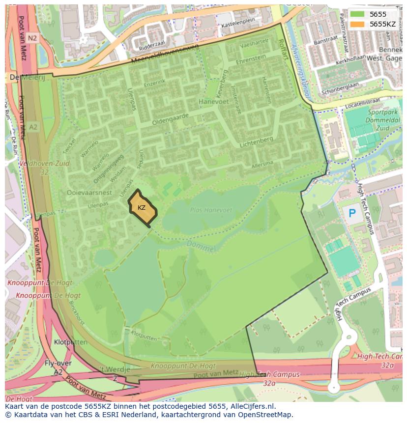 Afbeelding van het postcodegebied 5655 KZ op de kaart.