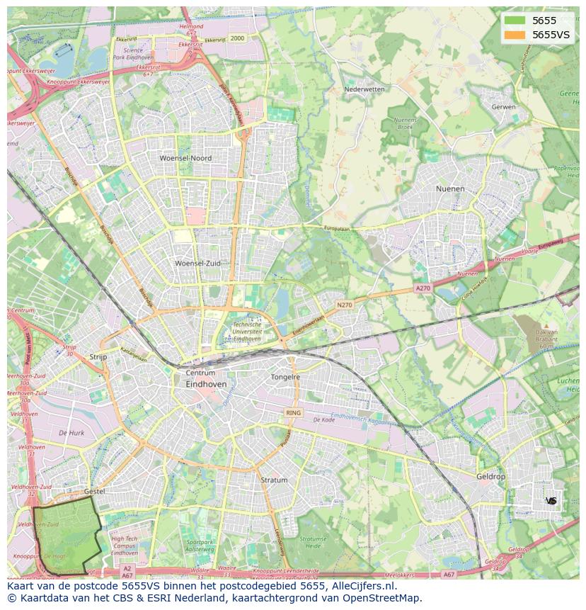 Afbeelding van het postcodegebied 5655 VS op de kaart.