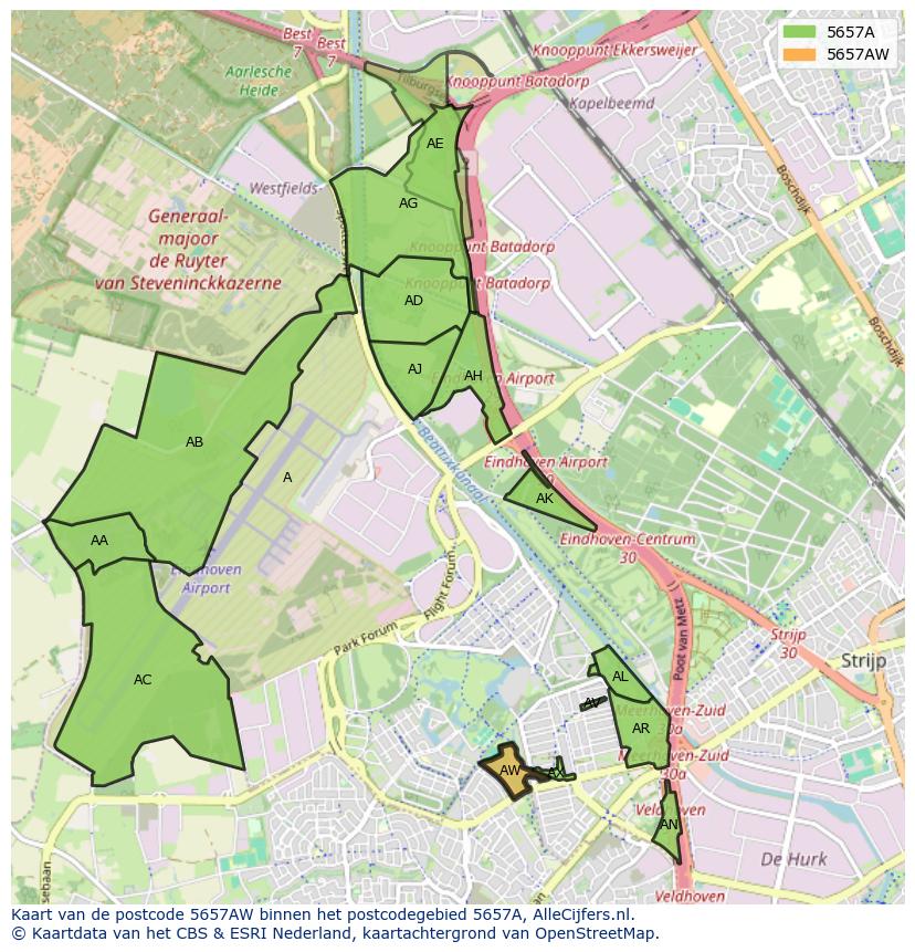 Afbeelding van het postcodegebied 5657 AW op de kaart.