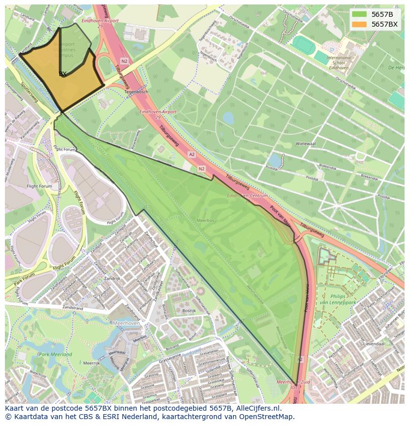 Afbeelding van het postcodegebied 5657 BX op de kaart.