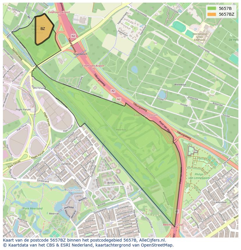 Afbeelding van het postcodegebied 5657 BZ op de kaart.