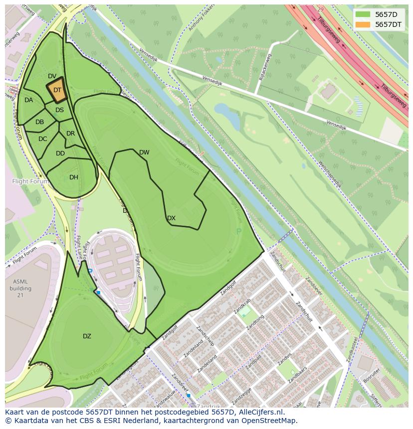 Afbeelding van het postcodegebied 5657 DT op de kaart.