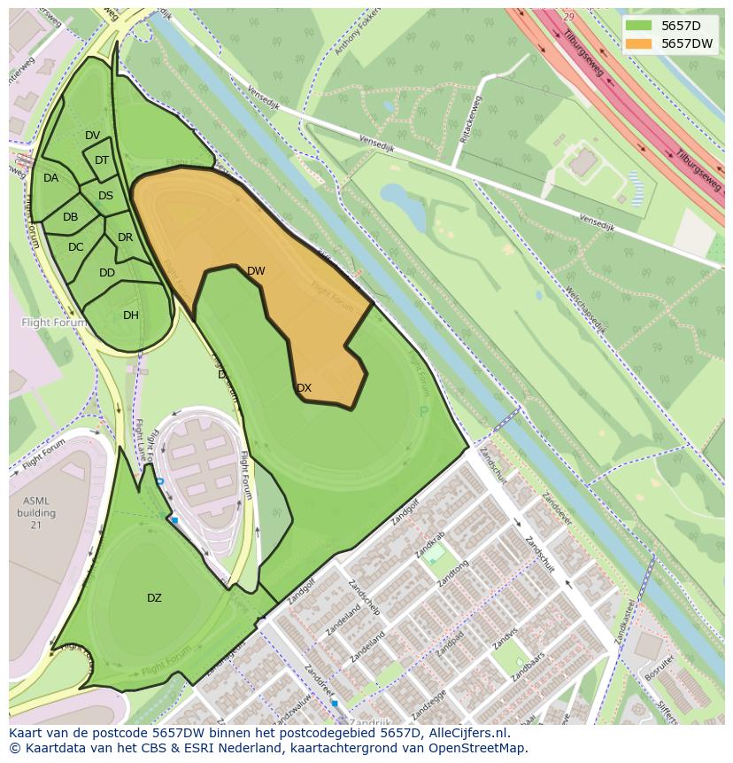 Afbeelding van het postcodegebied 5657 DW op de kaart.
