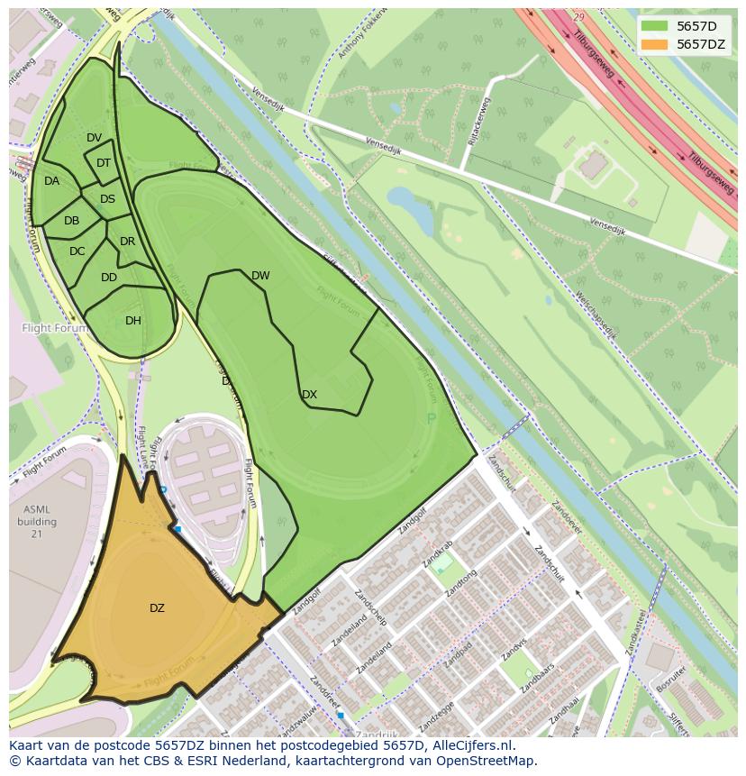 Afbeelding van het postcodegebied 5657 DZ op de kaart.