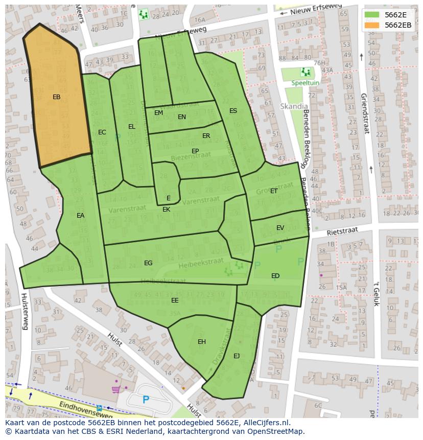 Afbeelding van het postcodegebied 5662 EB op de kaart.