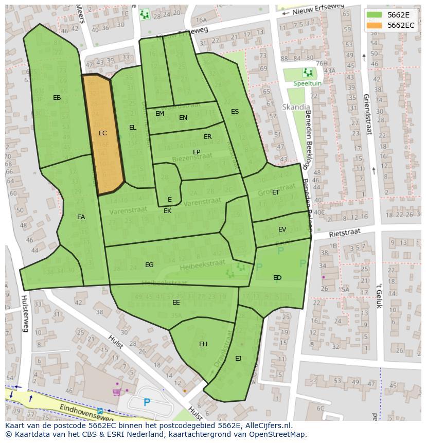 Afbeelding van het postcodegebied 5662 EC op de kaart.
