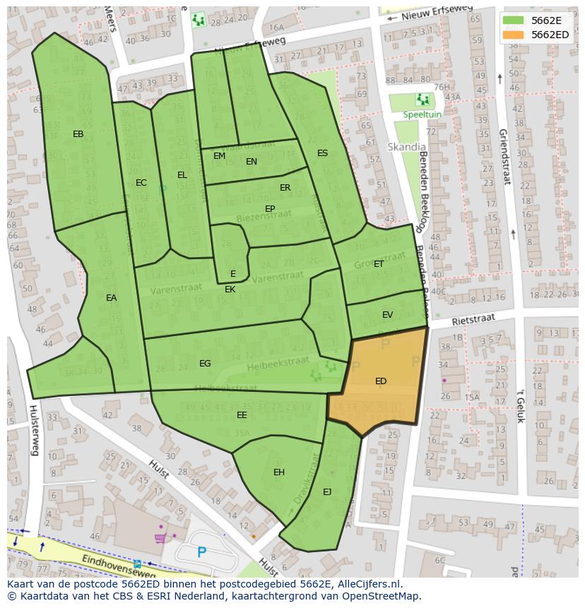 Afbeelding van het postcodegebied 5662 ED op de kaart.