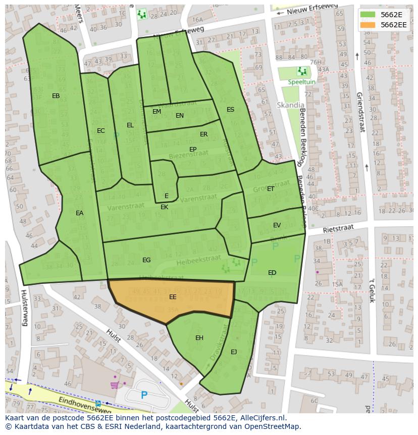 Afbeelding van het postcodegebied 5662 EE op de kaart.