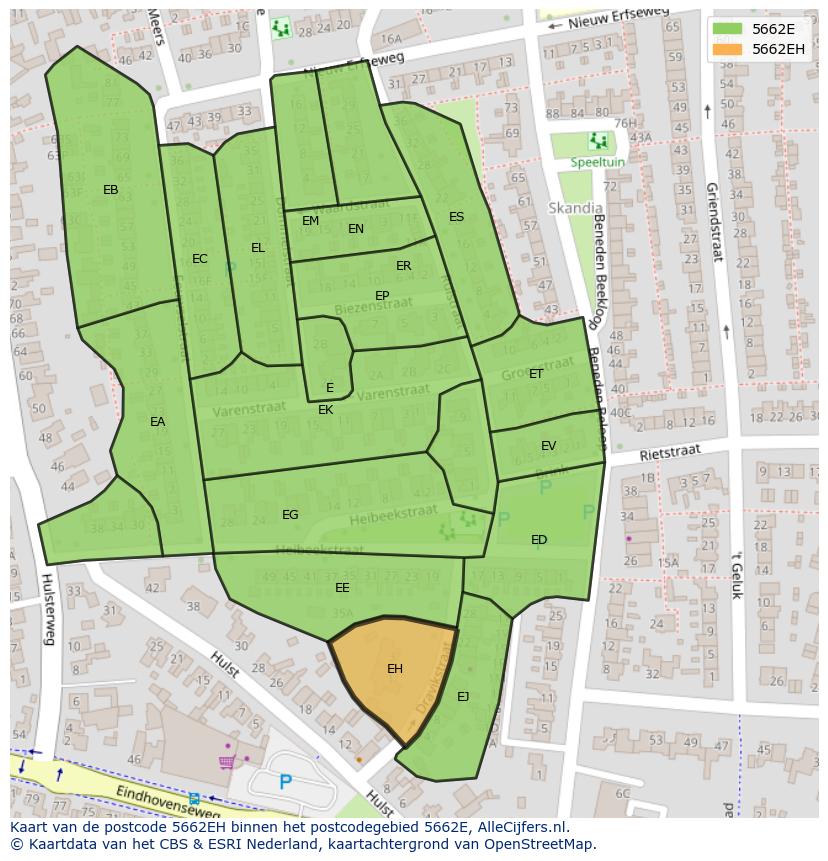 Afbeelding van het postcodegebied 5662 EH op de kaart.