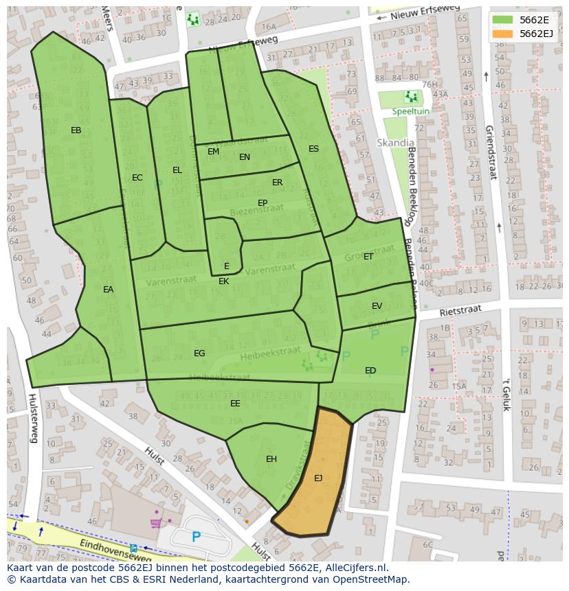 Afbeelding van het postcodegebied 5662 EJ op de kaart.