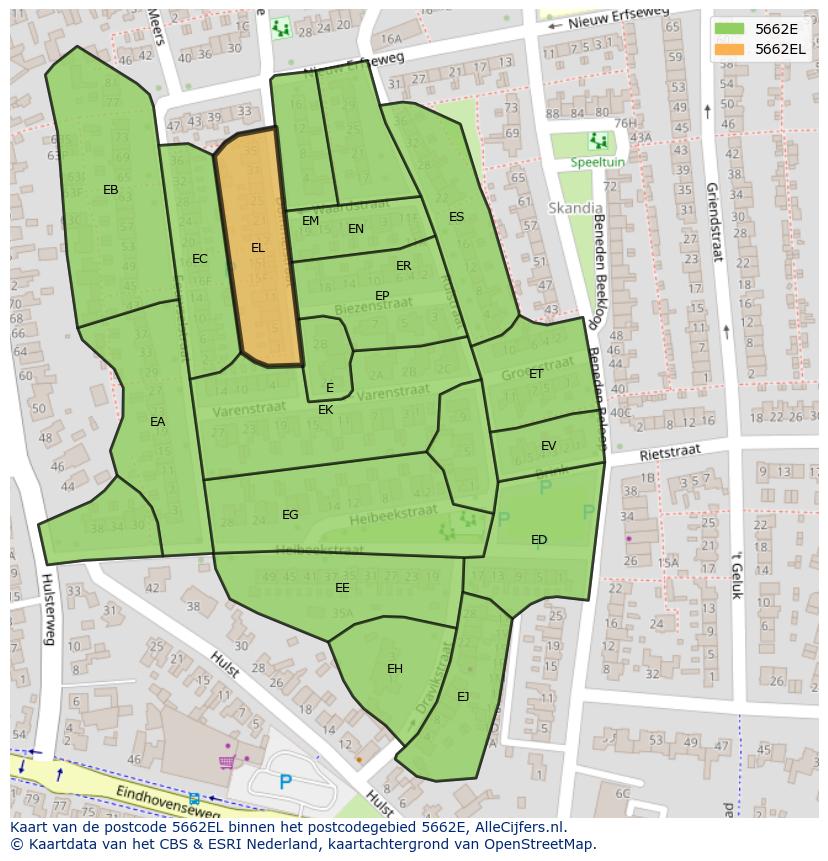 Afbeelding van het postcodegebied 5662 EL op de kaart.