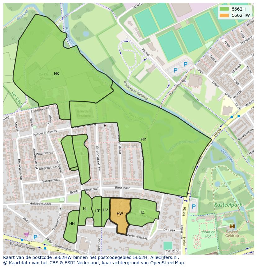 Afbeelding van het postcodegebied 5662 HW op de kaart.