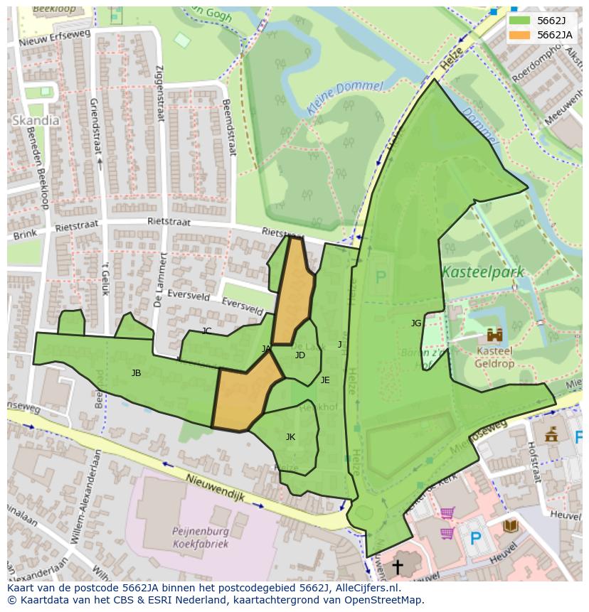 Afbeelding van het postcodegebied 5662 JA op de kaart.
