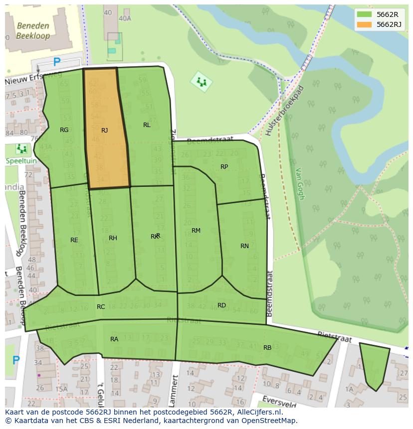 Afbeelding van het postcodegebied 5662 RJ op de kaart.