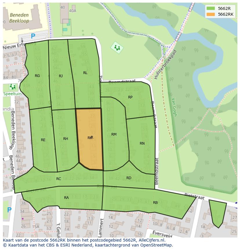 Afbeelding van het postcodegebied 5662 RK op de kaart.
