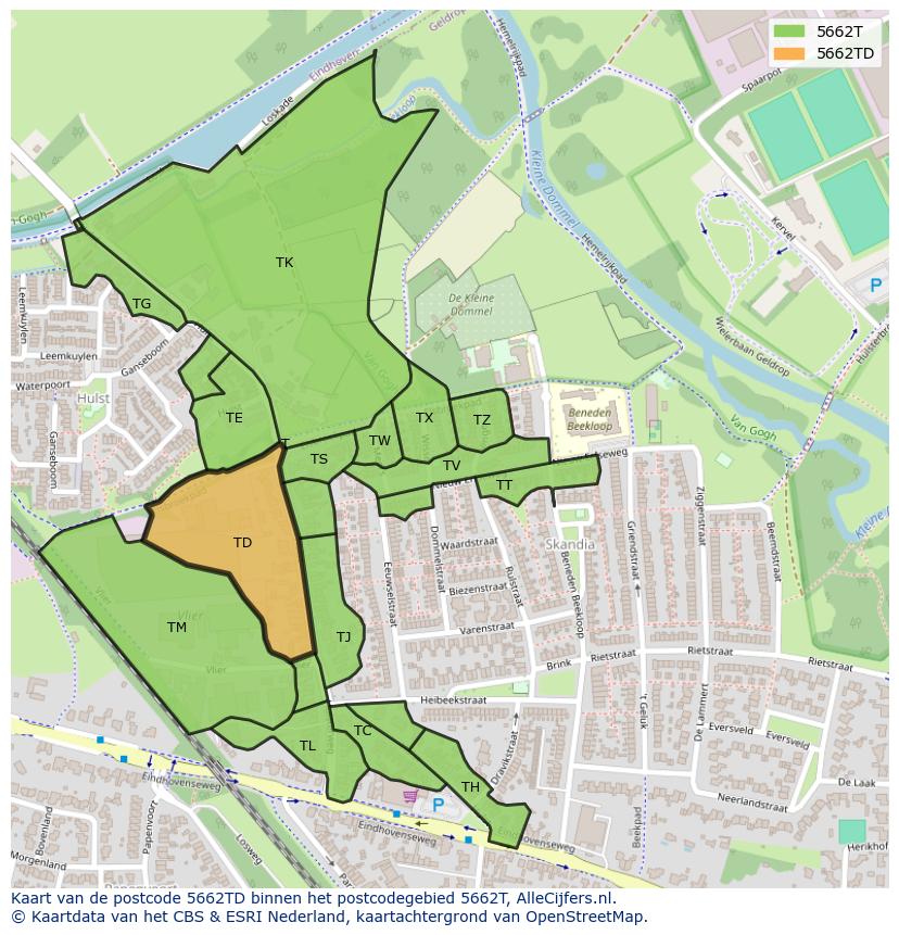 Afbeelding van het postcodegebied 5662 TD op de kaart.