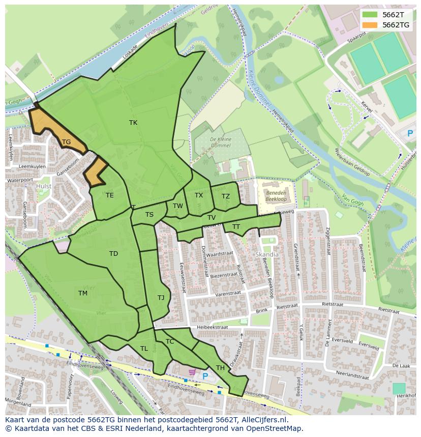 Afbeelding van het postcodegebied 5662 TG op de kaart.