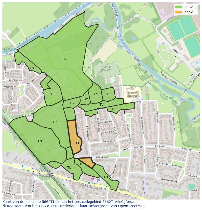 Afbeelding van het postcodegebied 5662 TJ op de kaart.