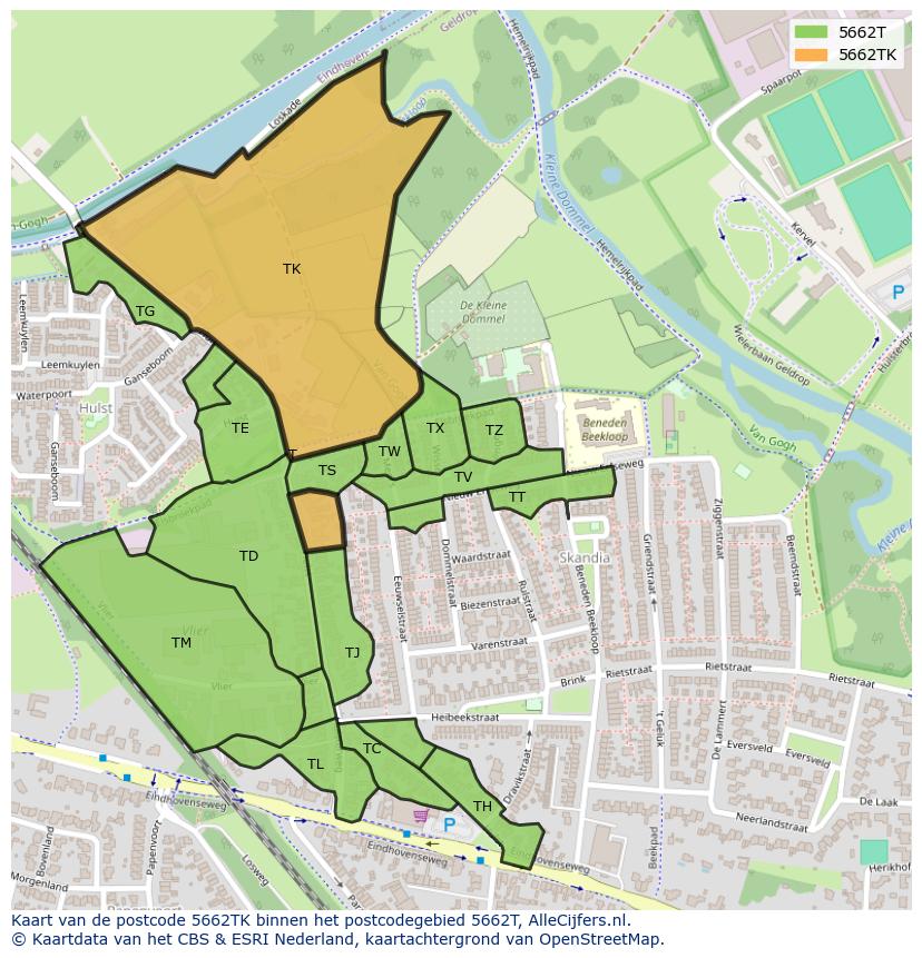 Afbeelding van het postcodegebied 5662 TK op de kaart.