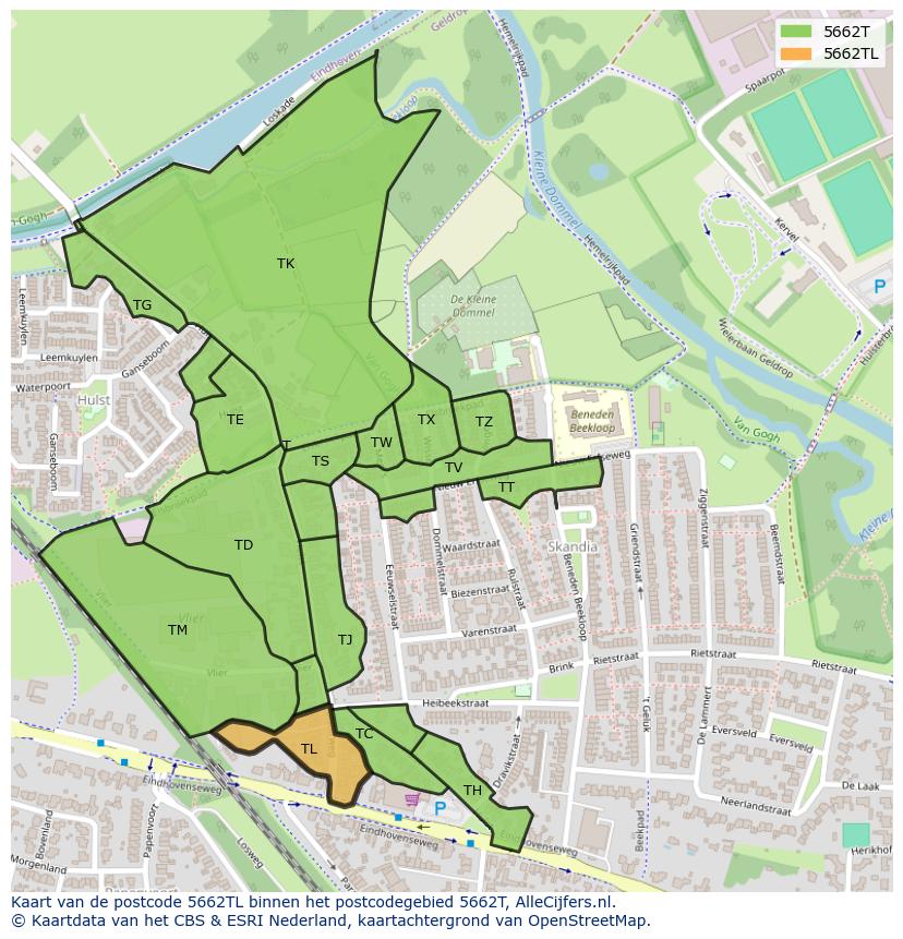 Afbeelding van het postcodegebied 5662 TL op de kaart.