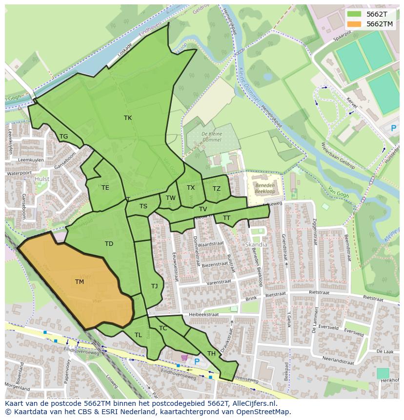 Afbeelding van het postcodegebied 5662 TM op de kaart.