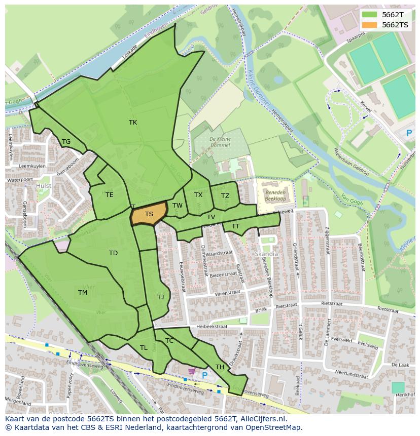 Afbeelding van het postcodegebied 5662 TS op de kaart.