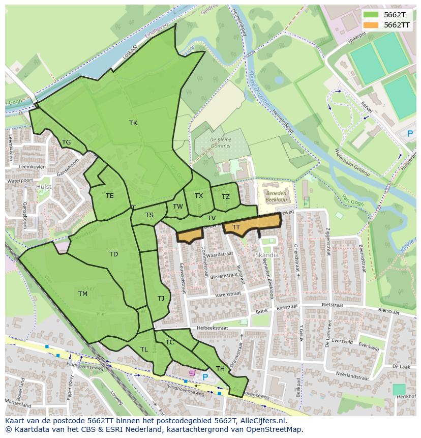 Afbeelding van het postcodegebied 5662 TT op de kaart.