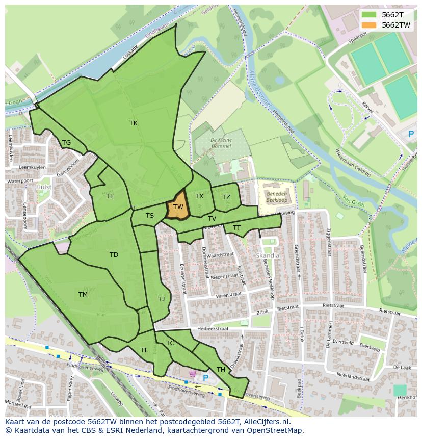 Afbeelding van het postcodegebied 5662 TW op de kaart.