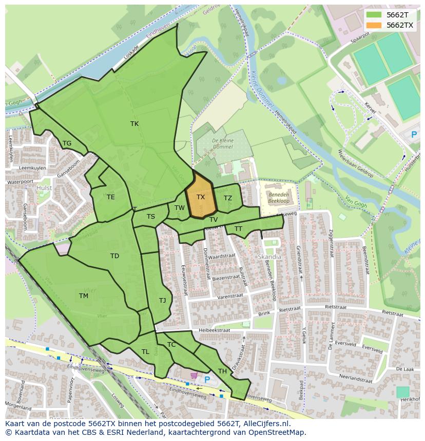 Afbeelding van het postcodegebied 5662 TX op de kaart.