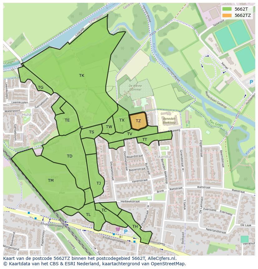Afbeelding van het postcodegebied 5662 TZ op de kaart.