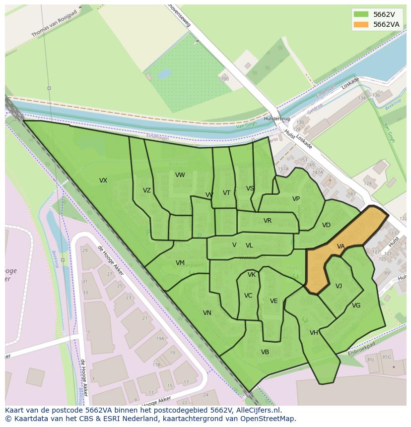 Afbeelding van het postcodegebied 5662 VA op de kaart.