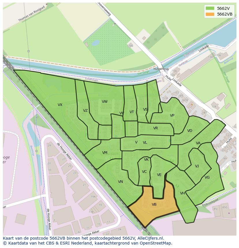 Afbeelding van het postcodegebied 5662 VB op de kaart.