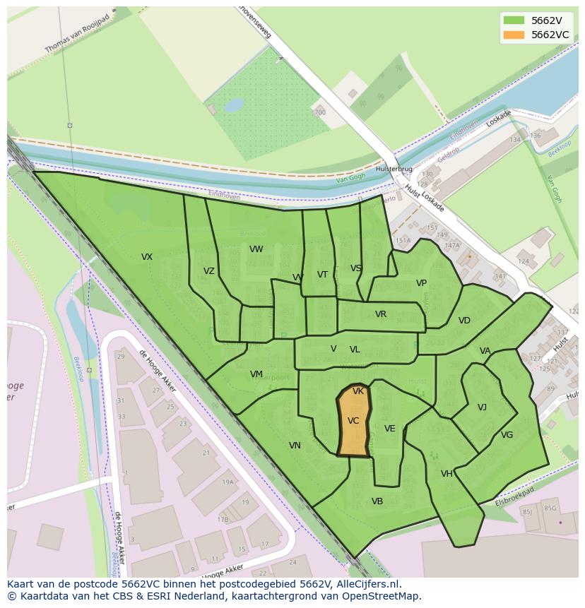 Afbeelding van het postcodegebied 5662 VC op de kaart.