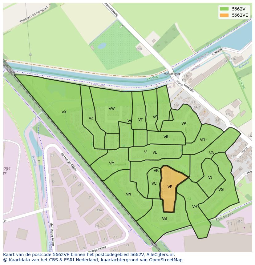 Afbeelding van het postcodegebied 5662 VE op de kaart.