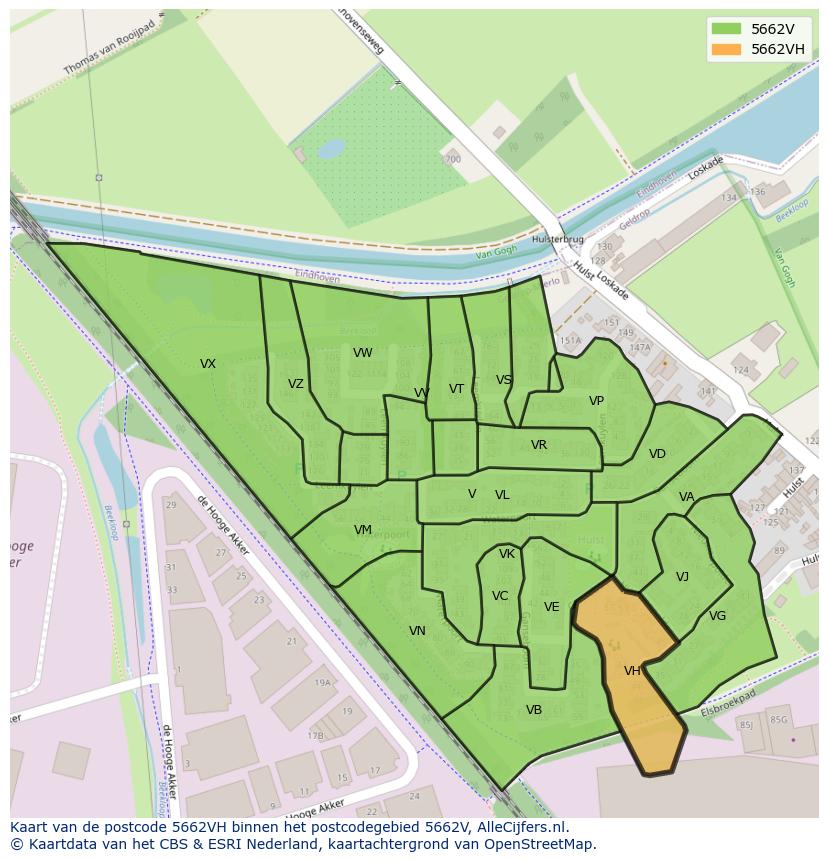 Afbeelding van het postcodegebied 5662 VH op de kaart.