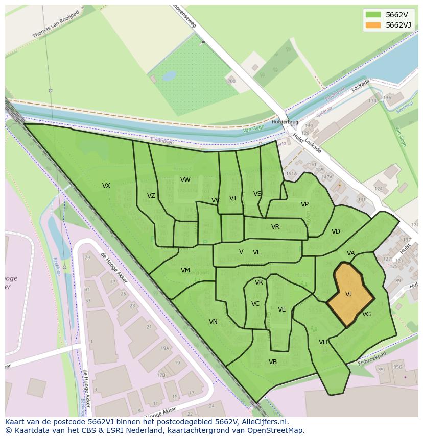 Afbeelding van het postcodegebied 5662 VJ op de kaart.