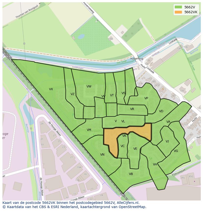 Afbeelding van het postcodegebied 5662 VK op de kaart.