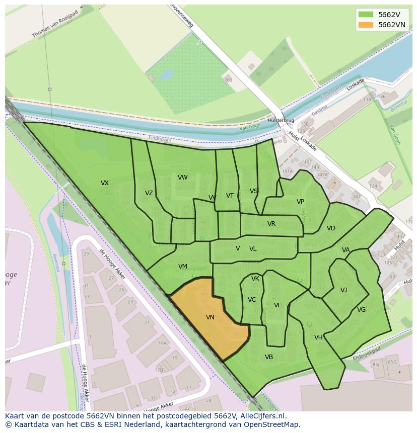 Afbeelding van het postcodegebied 5662 VN op de kaart.
