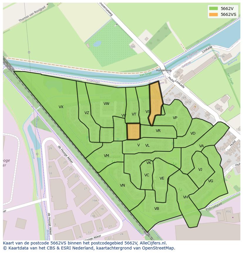 Afbeelding van het postcodegebied 5662 VS op de kaart.