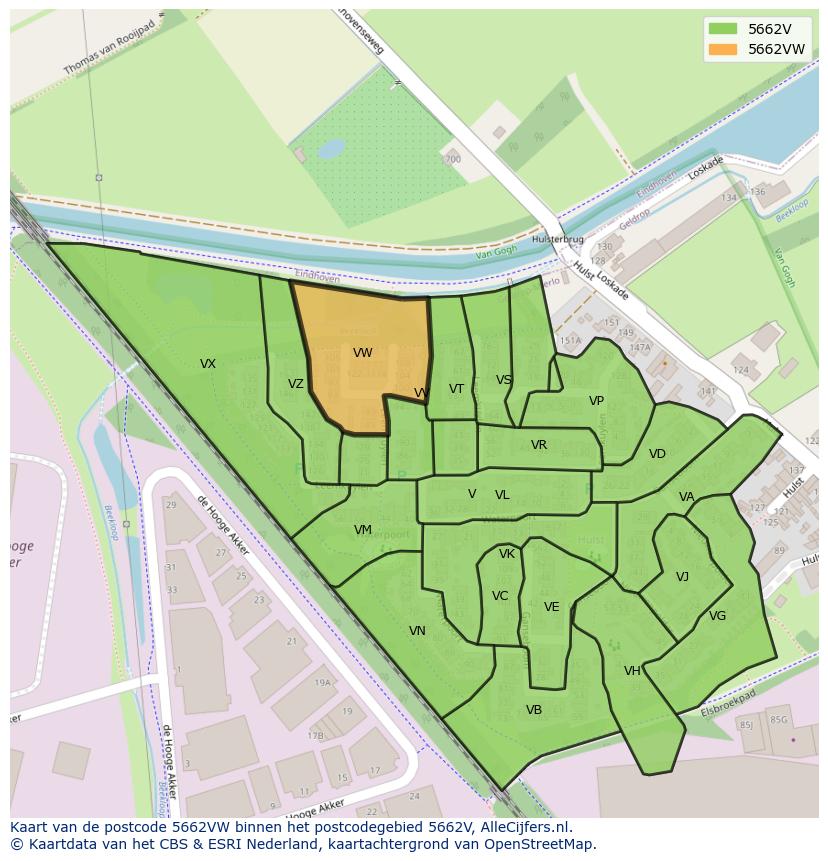 Afbeelding van het postcodegebied 5662 VW op de kaart.