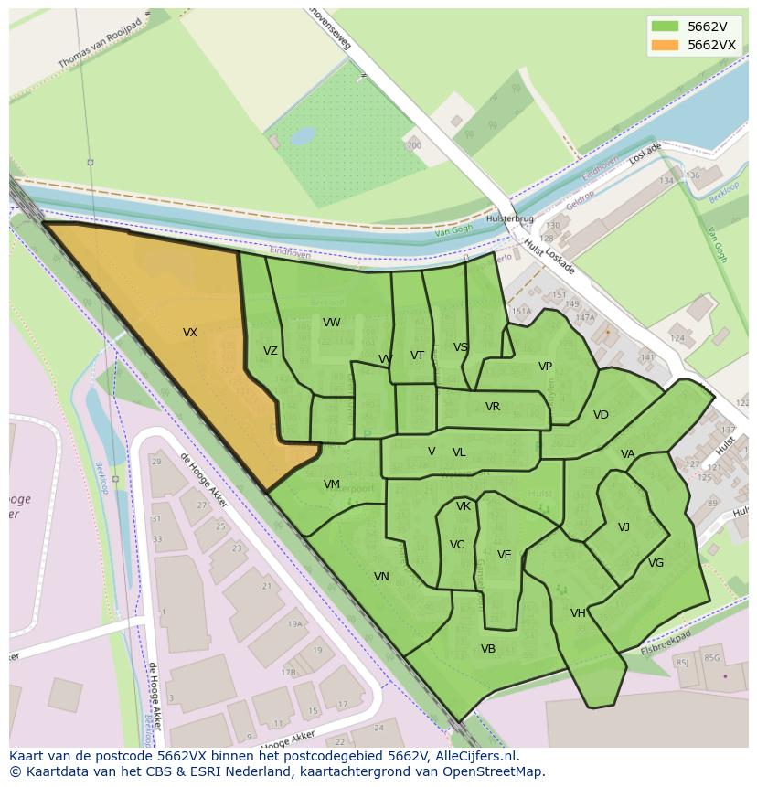 Afbeelding van het postcodegebied 5662 VX op de kaart.