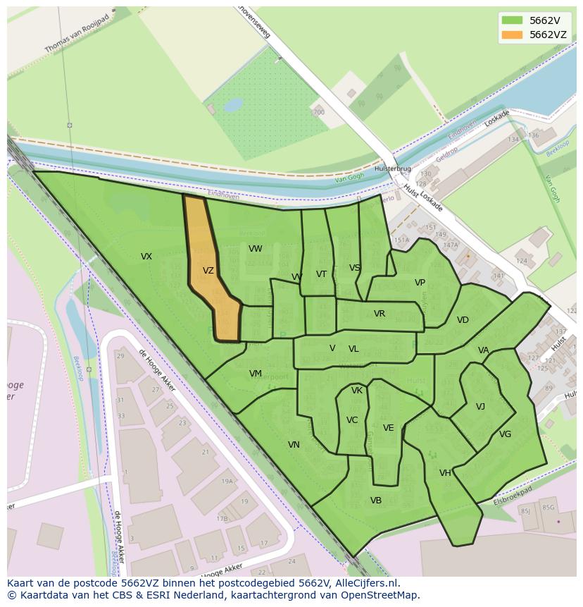 Afbeelding van het postcodegebied 5662 VZ op de kaart.